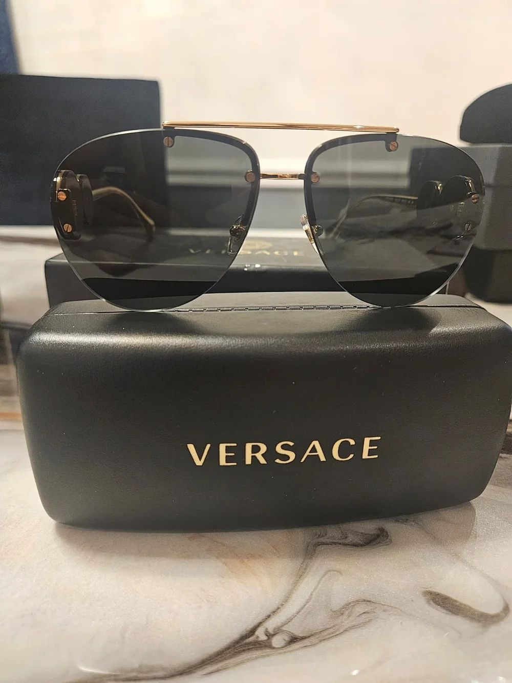 Versace Gold Frame Sunglasses with Black Lenses